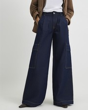 River Island Womens Baggy Jeans Blue Mid Rise Combat Trousers Pants Bottoms