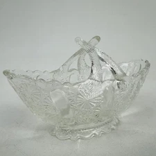 Vtg Fenton Basket Split Twig Branch Handle Button Daisy & Oval Clear Art Glass