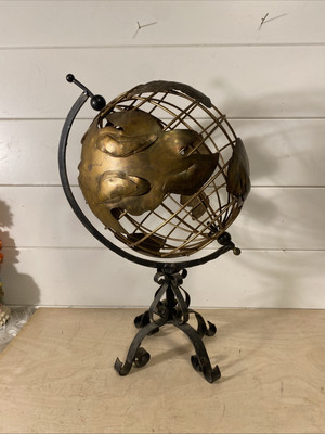 World Globe Faux Brass Color Metal Art Brutalist Hemisphere Sculpture 19  x 12 