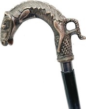 37'' Vintage Walking Stick with Brass Horse Head Handle, Wooden Victorian Cane