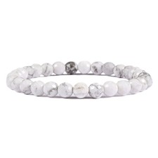Natural Faceted White Howlite Gemstone 6mm Round Beads Stretch Bracelet 6.5 Inch