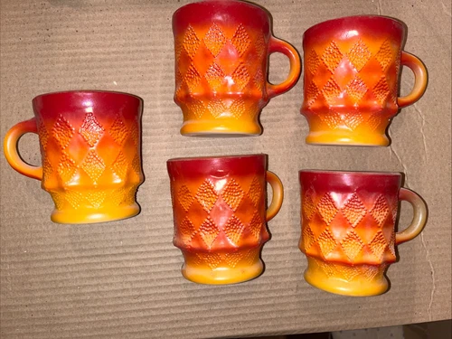5 Anchor Hocking FIRE KING Orange & Red Coffee Mugs DIAMOND Pattern Vintage