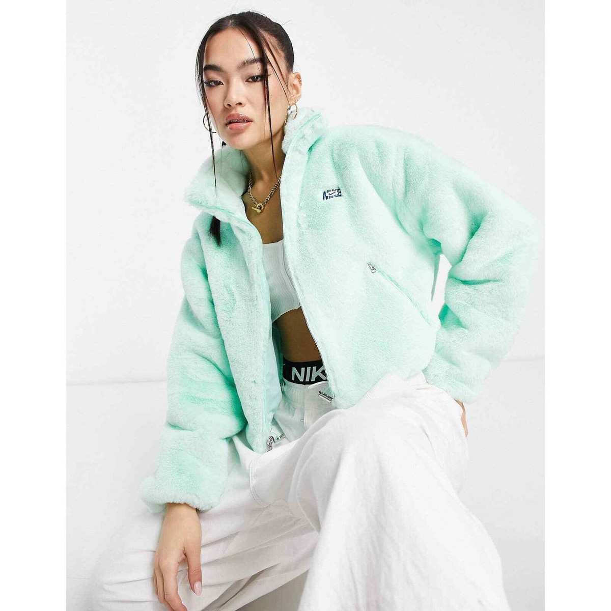 ★Nike Coat  2 Next Nature★ Nike Icon Clash Full Zip Faux Fur Green Crop Jacket (DV5139