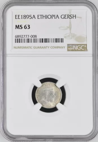 OF147, Ethiopia, Menelik II, 1 Gersh EE1895 A, Paris Mint, Silver, NGC MS63
