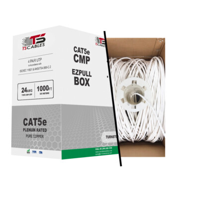 CAT5e Plenum 350MHz Cable 1000FT 24 AWG SOLID BARE COPPER BLUE,  WHITE, BLACK