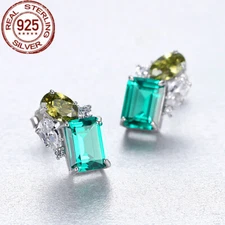 Fashion 925 Sterling Silver CZ Green Gem Stone Oval Square Shaped Stud Earrings