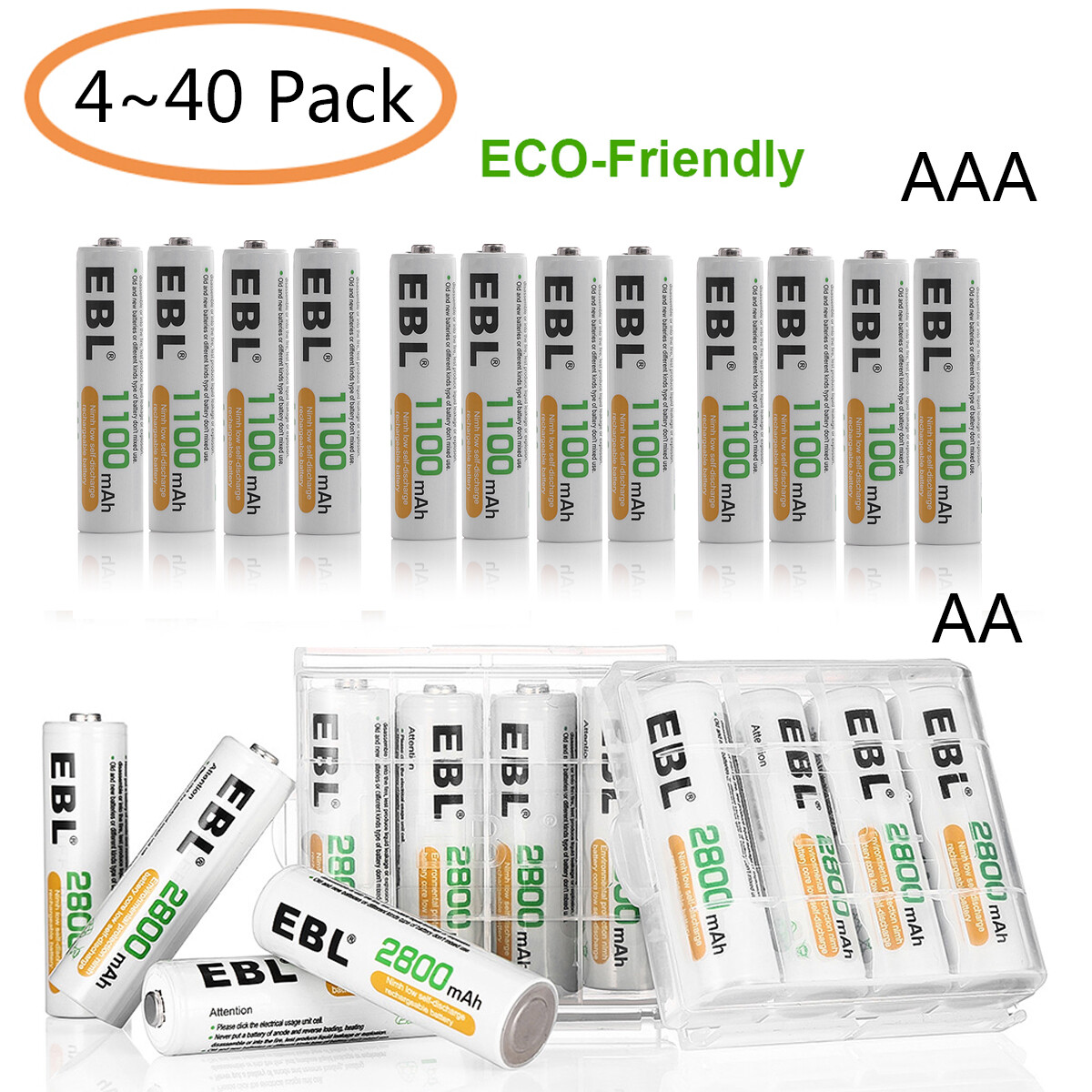 EBL AAA AA Rechargeable Batteries 2800mAh 1100mAh with Storage Box for RC Toys LED Lights-image