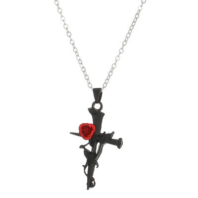 Gothic Black Red Cross Rose Flower Pendant Necklace (19 5/8'')   #535