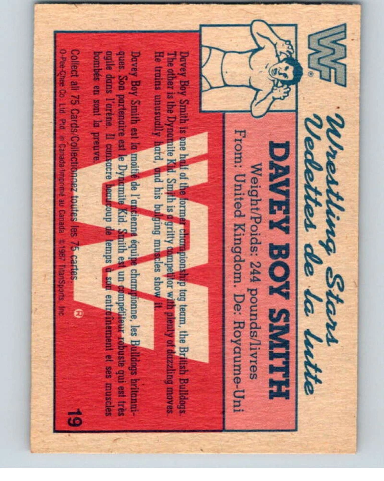 1987 O-Pee-Chee WWF #19 Davey Boy Smith V69445 - Image 2 of 2
