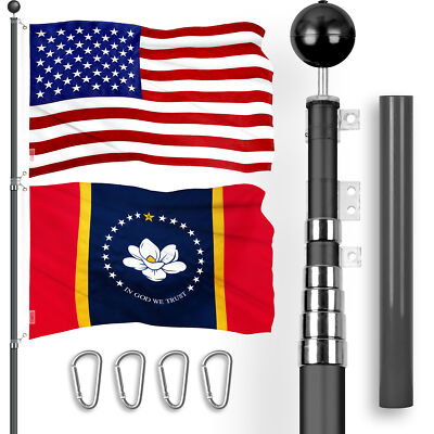20Ft Telescoping Flagpole BLK & USA and Mississippi Magnolia Flag Emb 300D 3x5Ft