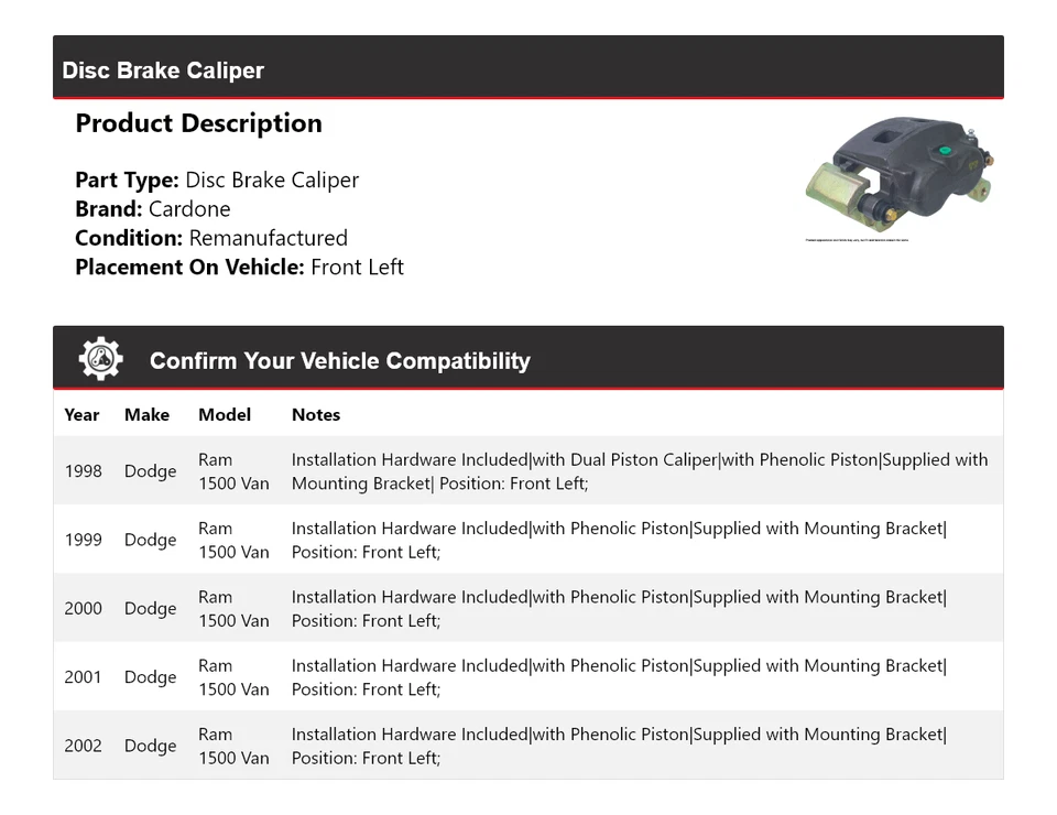Pinza de freno de disco delantera izquierda Cardone 1999 2000 para Dodge Ram 1500 Van 1998-2002 Foto 2 de 4