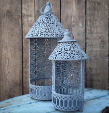 Grey Filigree Wrought Iron Tower Lanterns Pair Garden Lighting Ornament Hanging