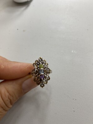 S29Vintage sterling silver 926 ring, filigree, topaz, amethyst