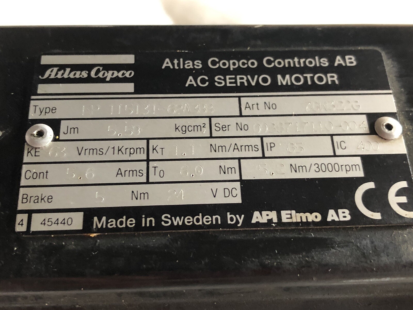 ATLAS COPCO EP 115131-62A3BB AC SERVO MOTOR,24VDC,76W322G API ELMO,11513162a,Bv