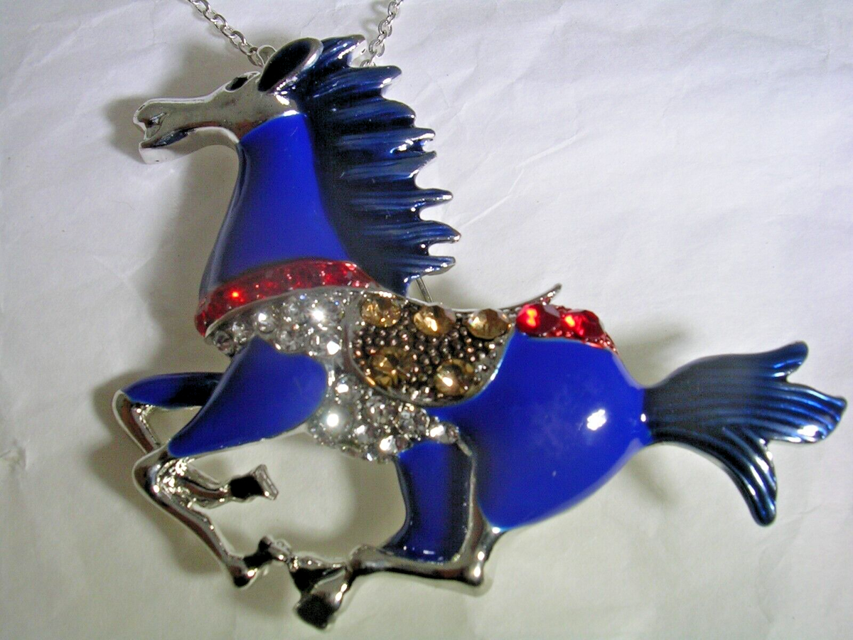 HORSE PIN & PENDANT WITH BLUE ENAMEL.WHITE, ORANGE & RED CZS IN