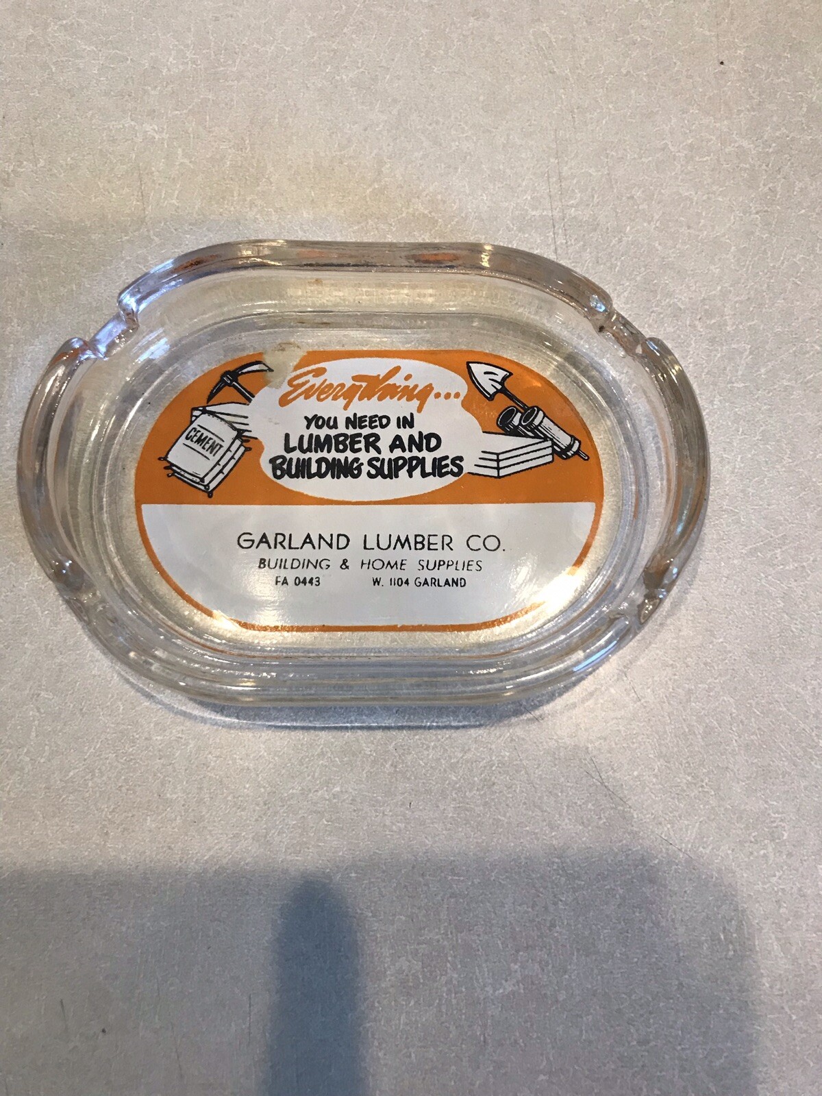 Vintage Glass Advertising Ashtray Garland Lumber Co. 4 Digit Phone