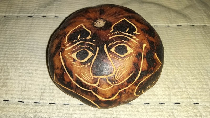 Peruvian FOLK ART GOURD Cat Kitten Artist Signed Hand Carved Hand Painted Peru