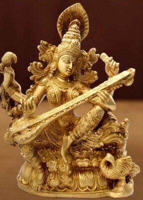 Brass Goddess Saraswati statue with Veena  . 11 Inch Tall  I Made in India