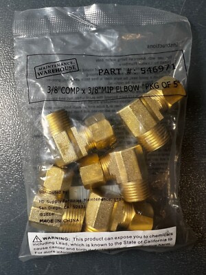 5 PK Watts 3/8'' X 3/8'' Compression Elbow Connector Brass 90 Degree Water Supply