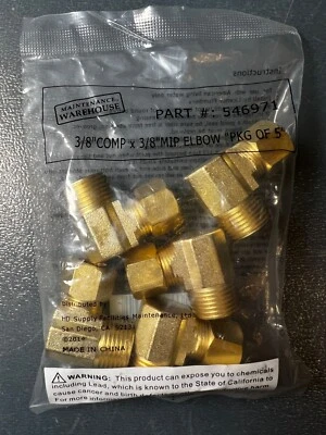 5 PK Watts 3/8" X 3/8" Compression Elbow Connector Brass 90 Degree Water Supply