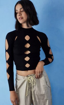 URBAN OUTFITTERS- High-Neck Cut-Out Ribbed Top Black Small BNWT