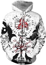 3D Viking Symbol Hoodie Norse Rune Wolf Raven Print Pullover Sweatshirt Family