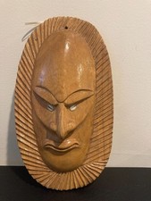 Vintage Hand Carved Wooden Tribal Wall Mask Shell Eyes Pacific Island Tiki 14"