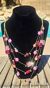 Authentic Charming Charlie Layered Multi-Strand Pink Glass Bead Necklace Gold Plated