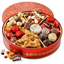 BONNIE AND POP - Holiday Snack Gift Tin, Round, Modern Pattern, Assorted Treats:
