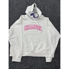 New Champion Hoodie Womens XL White Pink Arch Logo Pullover Sweatshirt