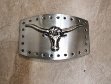 Vintage Men's Texas Longhorn Steer Head Belt Buckle Silver Metal