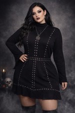 Long Sleeve Mini Dress 24 Black Studs Ruffle Stretch Goth Grunge Witchy