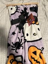 Hello Kitty Halloween Pumpkin Bats Cats Spiders 60 x 70" Purple Blanket NWT