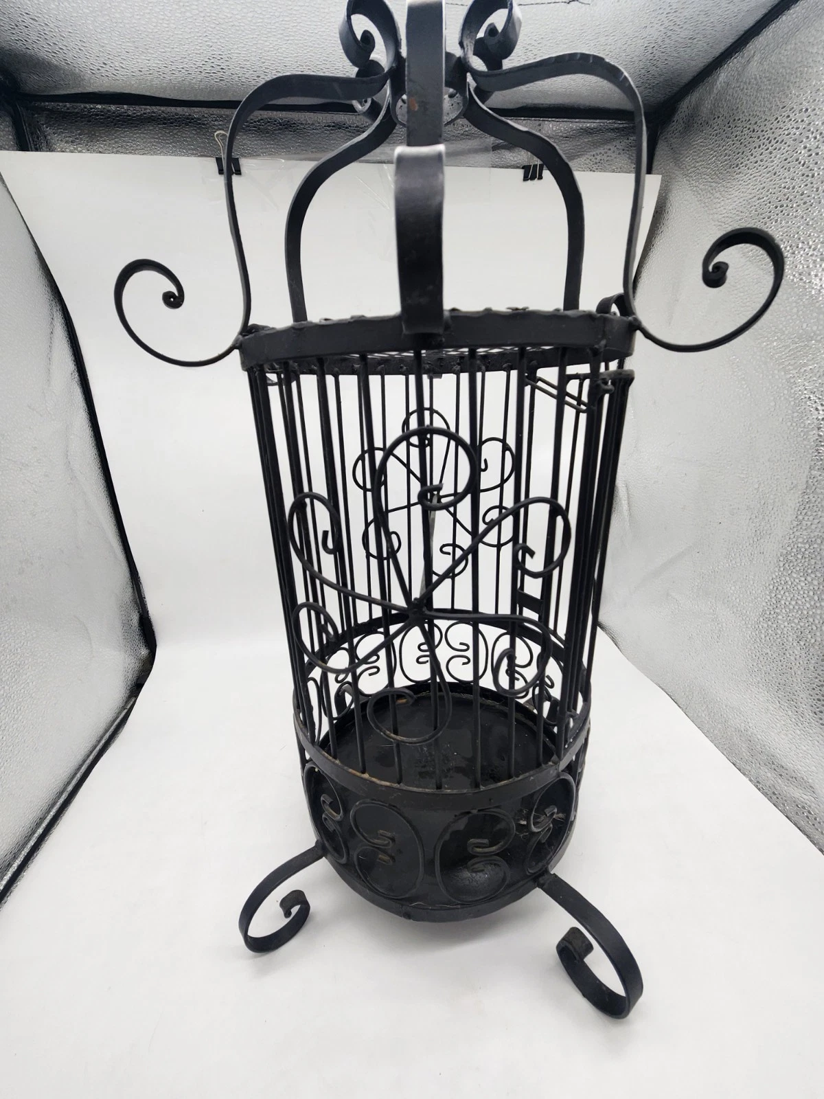 Large Vintage Wrought Iron Scrolled Hanging Bird Cage Gothic Style 23"