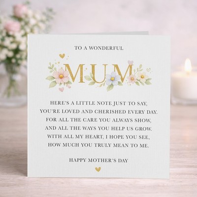 Personalisierte Muttertagskarte Gedicht für Mama, Oma oder Nan, Blumenkarte für Sie
