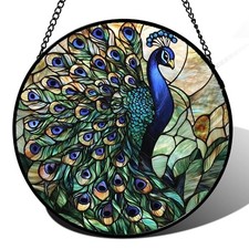 Stained Glass Window Hanging, Turquoise Peacock Sun Catcher 15x15 IN Blue-green