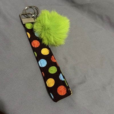 Handmade Brown & Multicolored Key Fob Wristlet with Lime Green Pom Pom