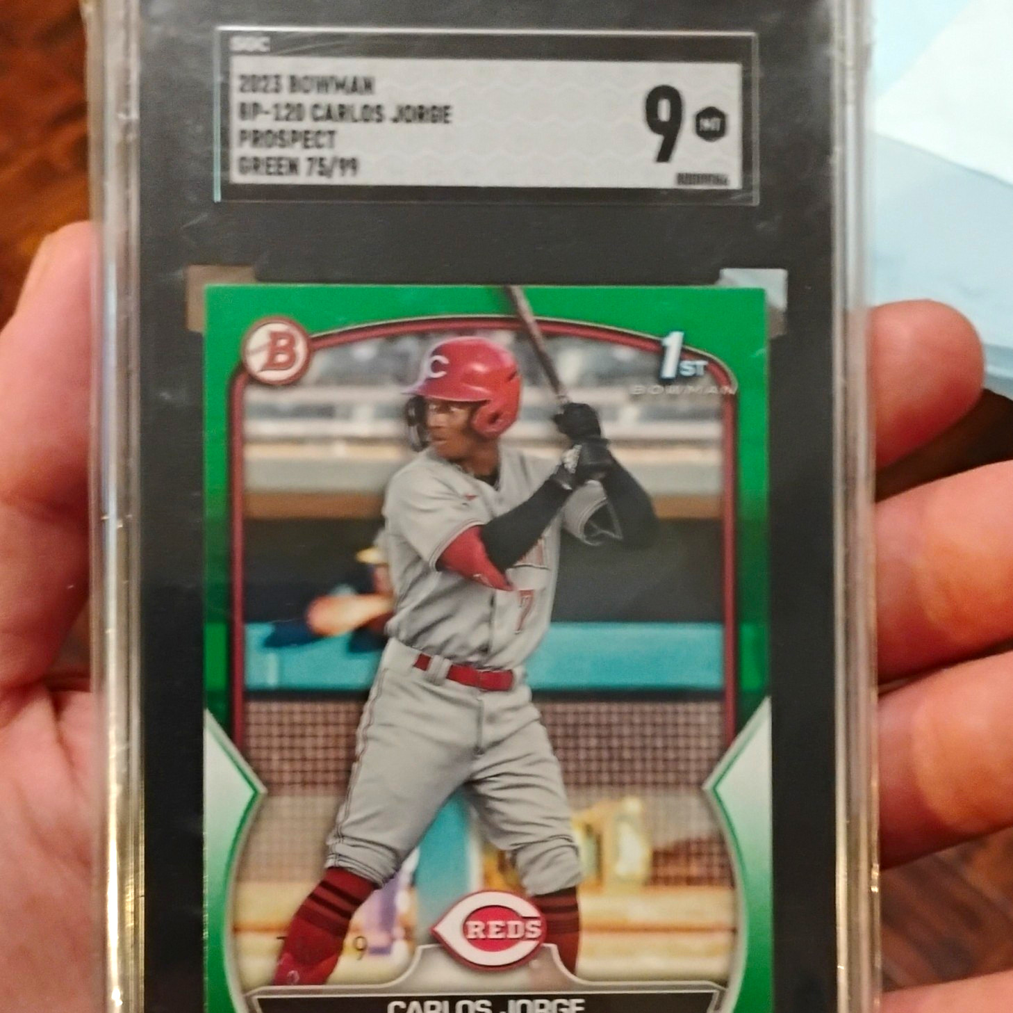 Topps 2023 Bowman Prospects Carlos Jorge BP-120 Green /99 PSA 9 Reds