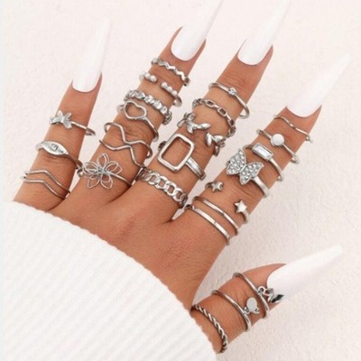 Schmetterling Blatt Silber Ring Set 21 Stück Multi Joint Open Heart Geometrischer Stil