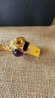 Vintage Whistle Metal Key Chain Taiwan Signed GoldtoneW/Large Acrylic Cabachons