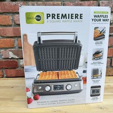 Williams Sonoma GreenPan Premiere 4-Square Waffle Maker Silver Black NIB OB