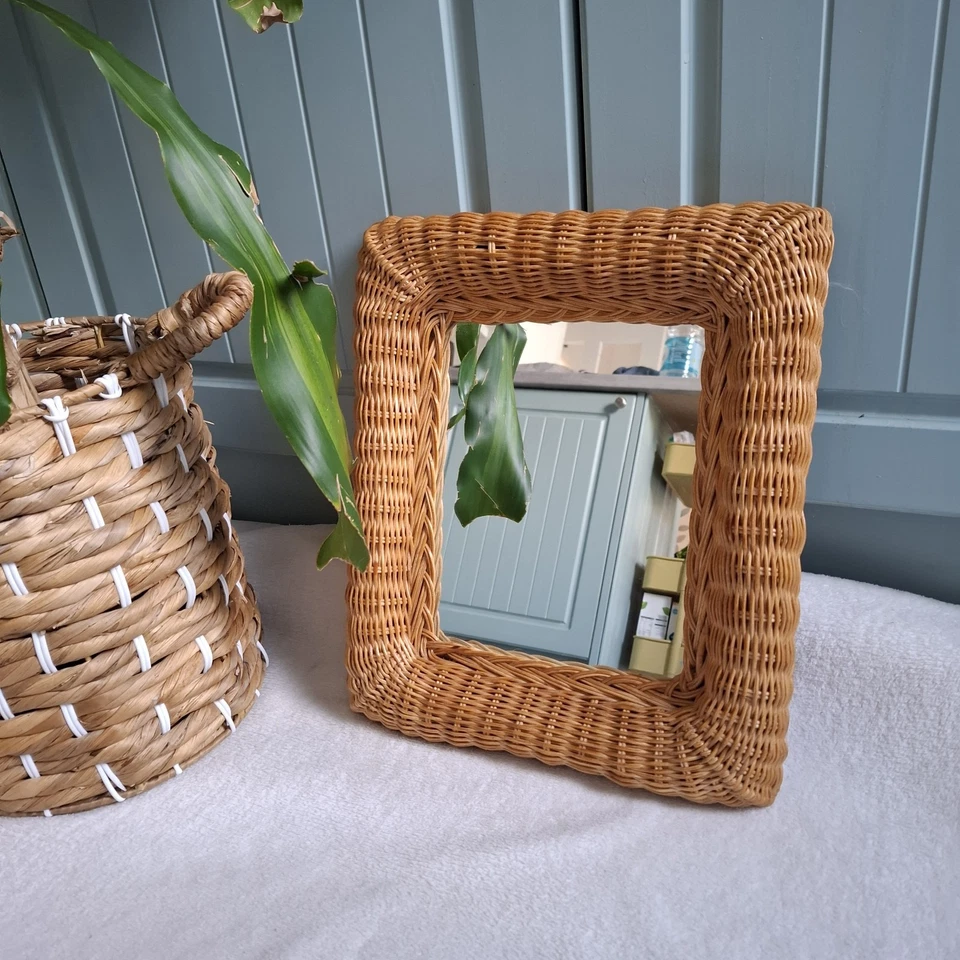 Vintage Woven Cane Wicker Rattan Rectangular Mirror Boho Scandi Cottagecore - Image 3 of 4