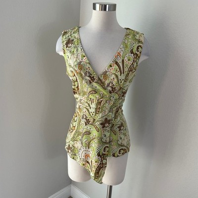 Vintage Y2K J.T.B. Womens Large Lime Green Paisley Floral V Neck