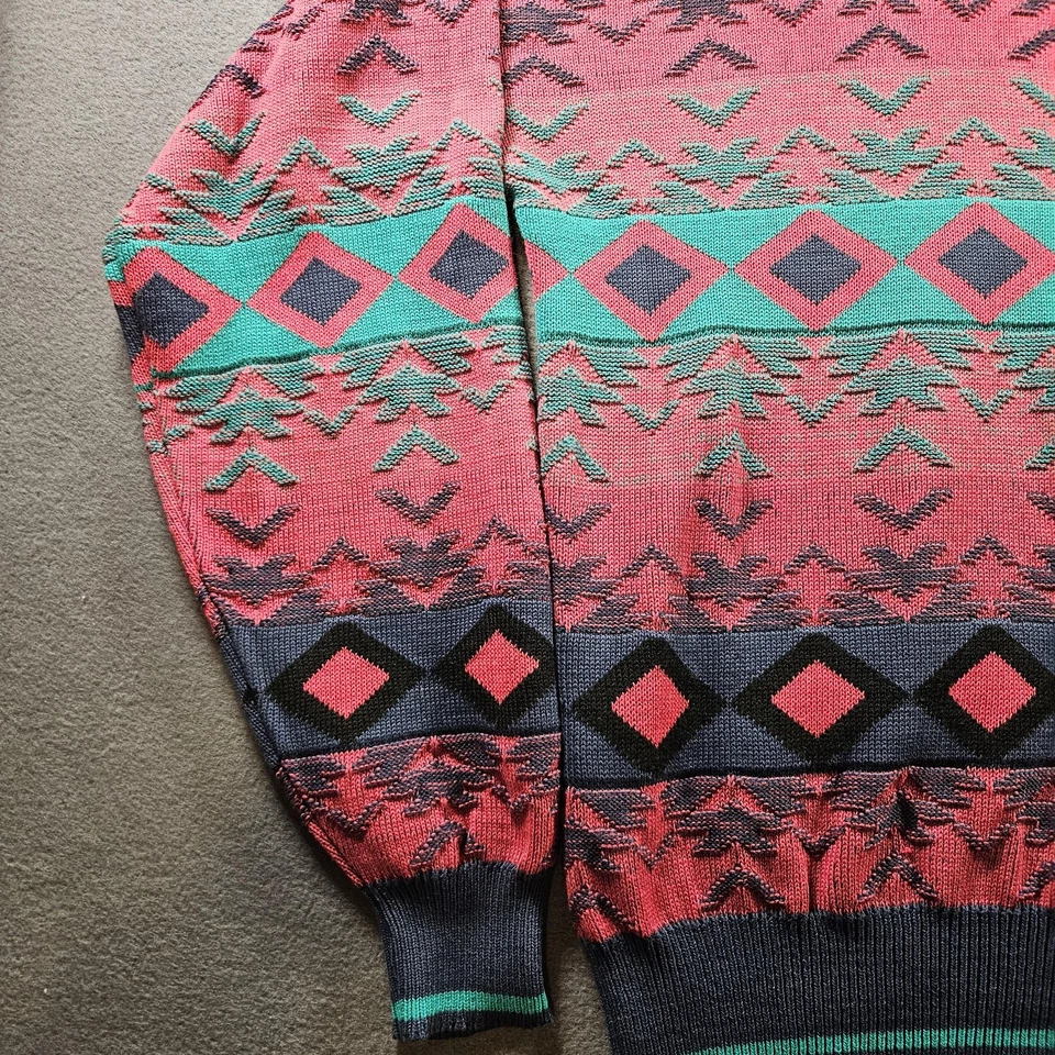 Suéter masculino vintage Santana grande vermelho azul-petróleo gola redonda malha asteca sudoeste anos 90 - Imagem 2 de 4