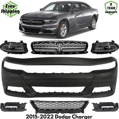 Front Bumper Cover Primed Plastic & Headlights Kit For 2015-2022 Dodge Charger