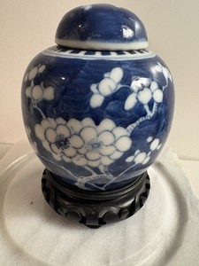 Antique Blue & White Porcelain Ginger Jar - Floral w/Cherry Blossoms With Stand
