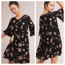 Anthropologie Eri & Ali Black Kaley Floral Embroidered Tiered Swing Dress Size M