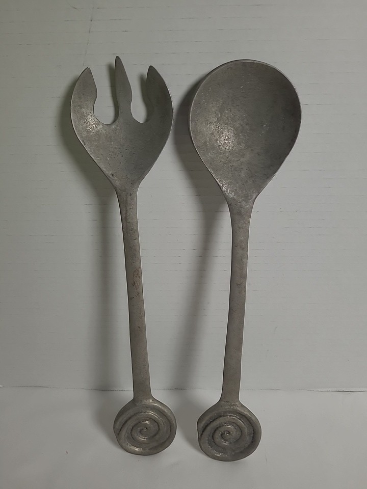Vintage Cast Aluminum Salad Serving Spoon & Fork Set Spiral Handle Silver Tone