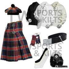 Scottish Men's Outfit Black Stewart Tartan Kilt Set - 10 Pieces Kilt Accessories