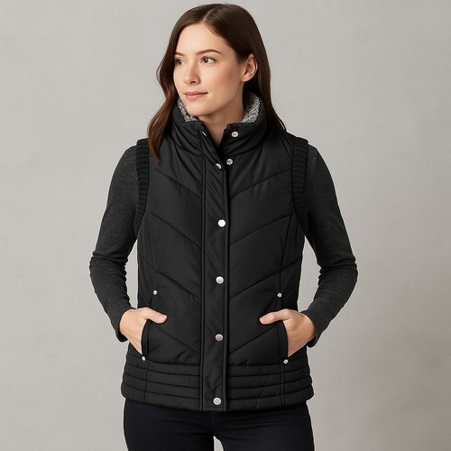 Chaleco acolchado negro acolchado Carolyn Taylor para mujer con ribete tejido y botones a presión M - Imagen 1 de 15